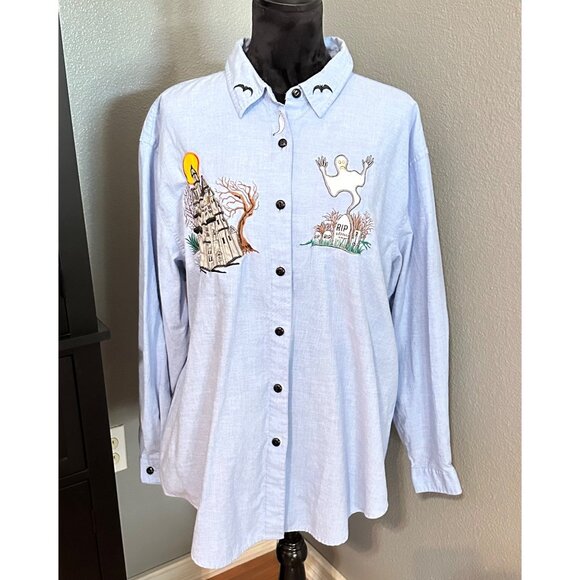 Vintage Falls Creek Halloween Shirt 22W Ghost House Embroidered Y2K Button Up - Picture 1 of 8